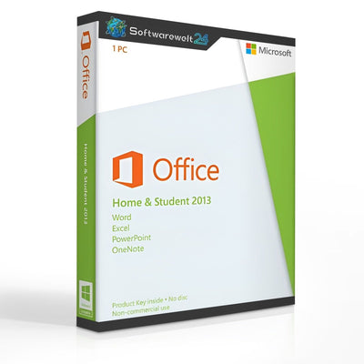Office 2013 Home & Student software box featuring a clean design with logo and product details on the front.