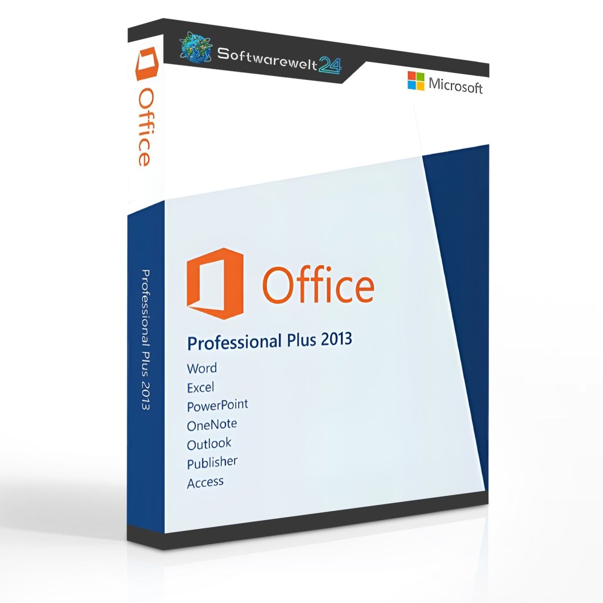 Office 2013 Professional Plus software box featuring logo and product details on a white background.