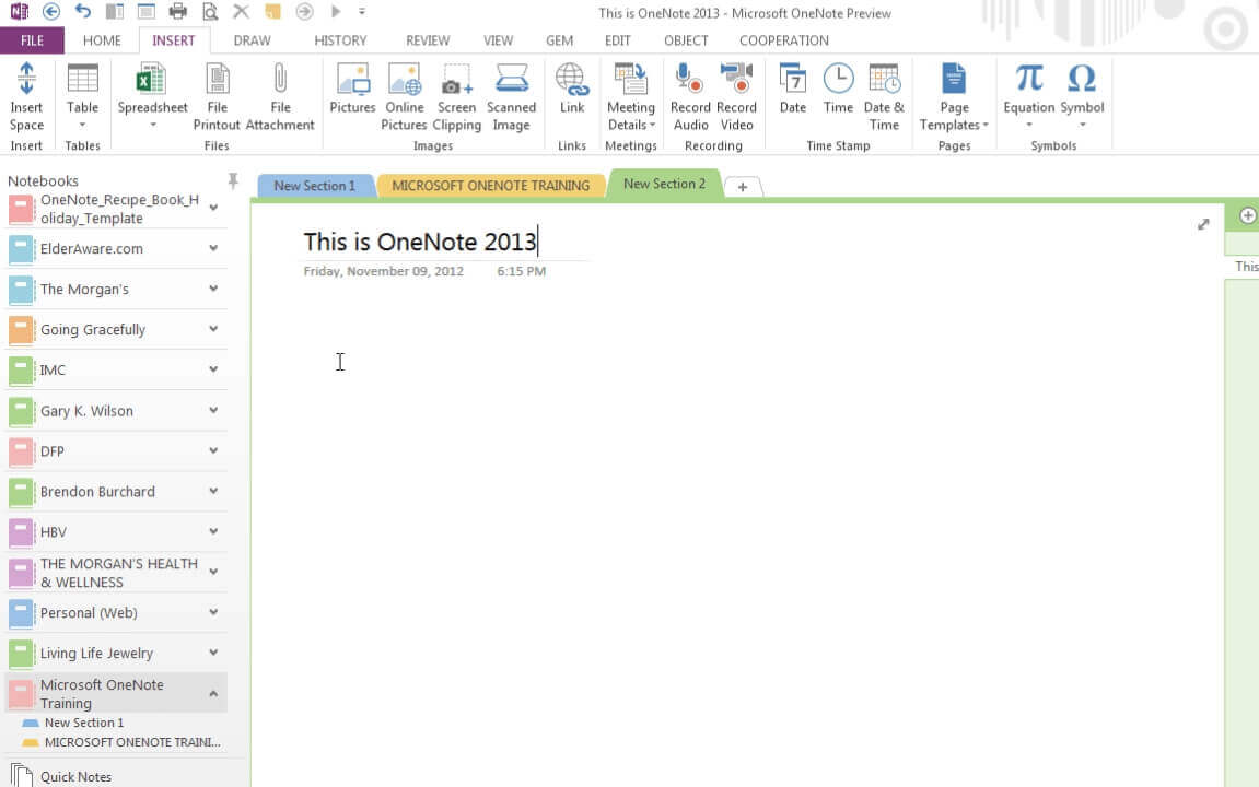 Microsoft Office 2013 Standard OneNote interface displaying note-taking features and organization tools.