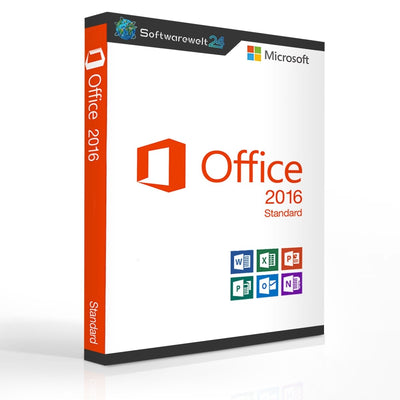 Office 2016 Professional software box with a sleek design and branding from Softwarewelt24, showcasing productivity tools.