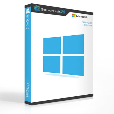 Microsoft Windows 10 Enterprise software box with logo and graphics on a clean white background.