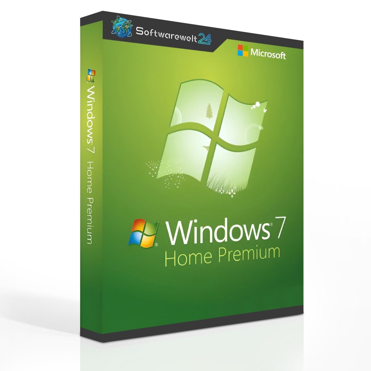 Windows 7 Home Premium software box for 32/64 bit systems by Softwarewelt24, featuring a sleek design and branding.