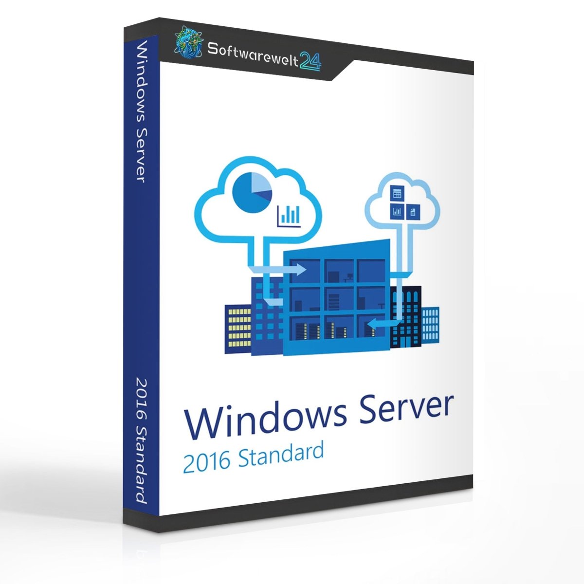Windows Server 2016 Standard software box with a modern design and clear branding from Softwarewelt24.