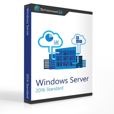 Windows Server 2016 Standard software box with a modern design and clear branding from Softwarewelt24.