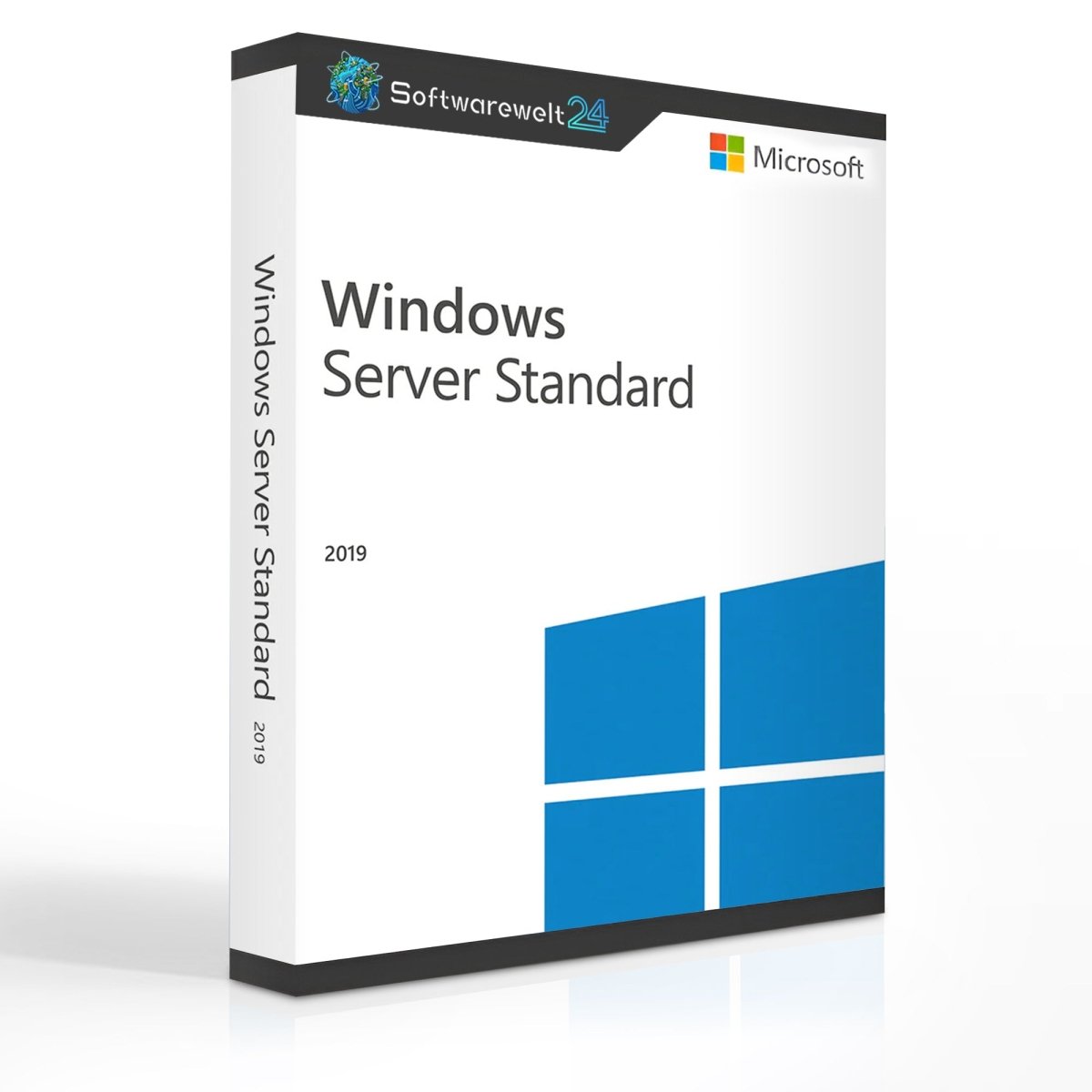 Microsoft Windows Server 2019 Standard 16 Core software box with logo and product details displayed on the front.
