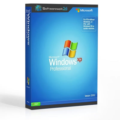 Microsoft Windows XP Professional box with logo and system requirements displayed on the front cover.