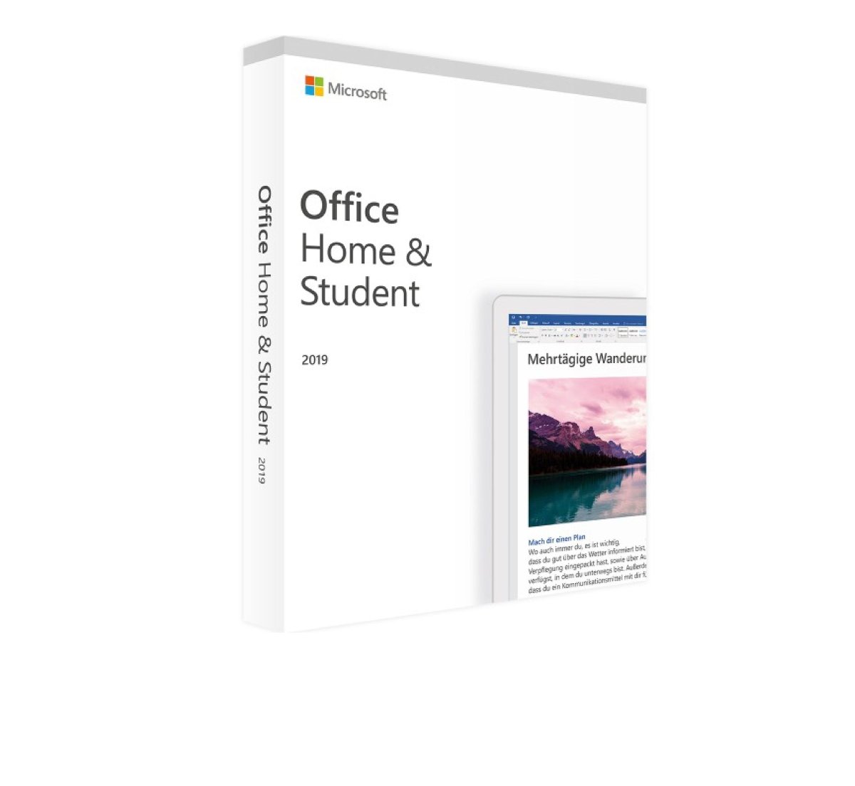 Microsoft Office 2019 Home and Student software packaging with logo and product details displayed on the front.