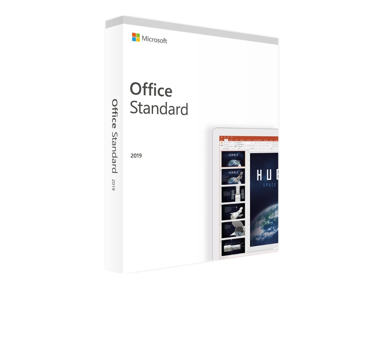 Microsoft Office 2019 Standard software box with logo and product details displayed on a white background.