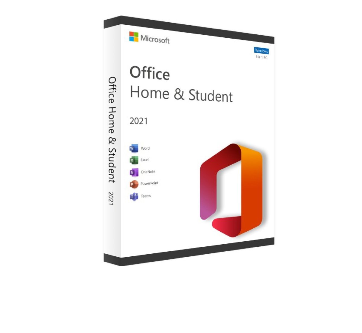 Microsoft Office 2021 Home and Student software box for Windows with logo and product details displayed on the front.