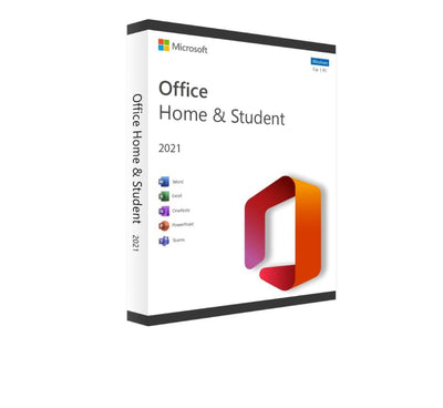 Microsoft Office 2021 Home and Student software box for Windows with logo and product details displayed on the front.