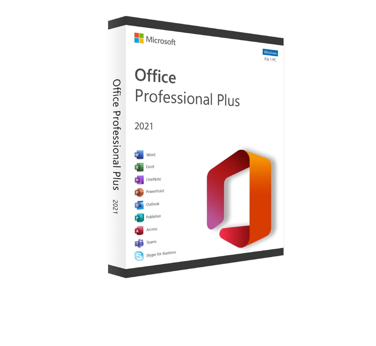Microsoft Office 2021 Professional Plus software box with logo and features displayed on a white background.
