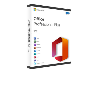 Microsoft Office 2021 Professional Plus software box with logo and features displayed on a white background.