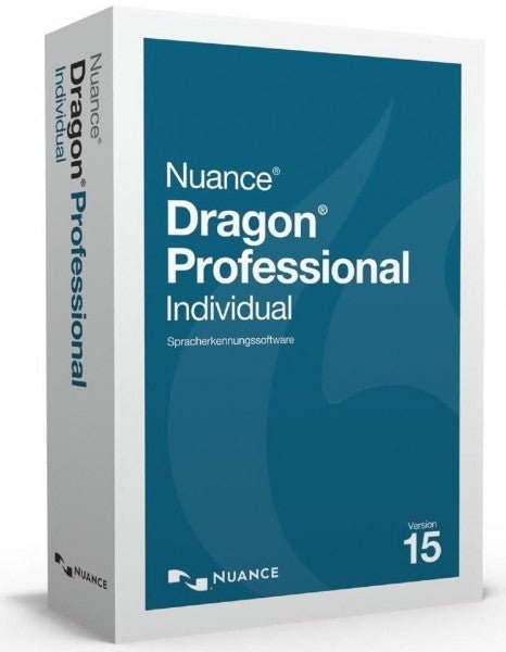 Nuance Dragon Professional Individual 15 software box featuring sleek design and user-friendly interface.