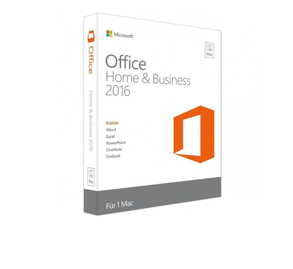 Microsoft Office 2016 Home and Business for Mac software box with logo and product details on a white background.