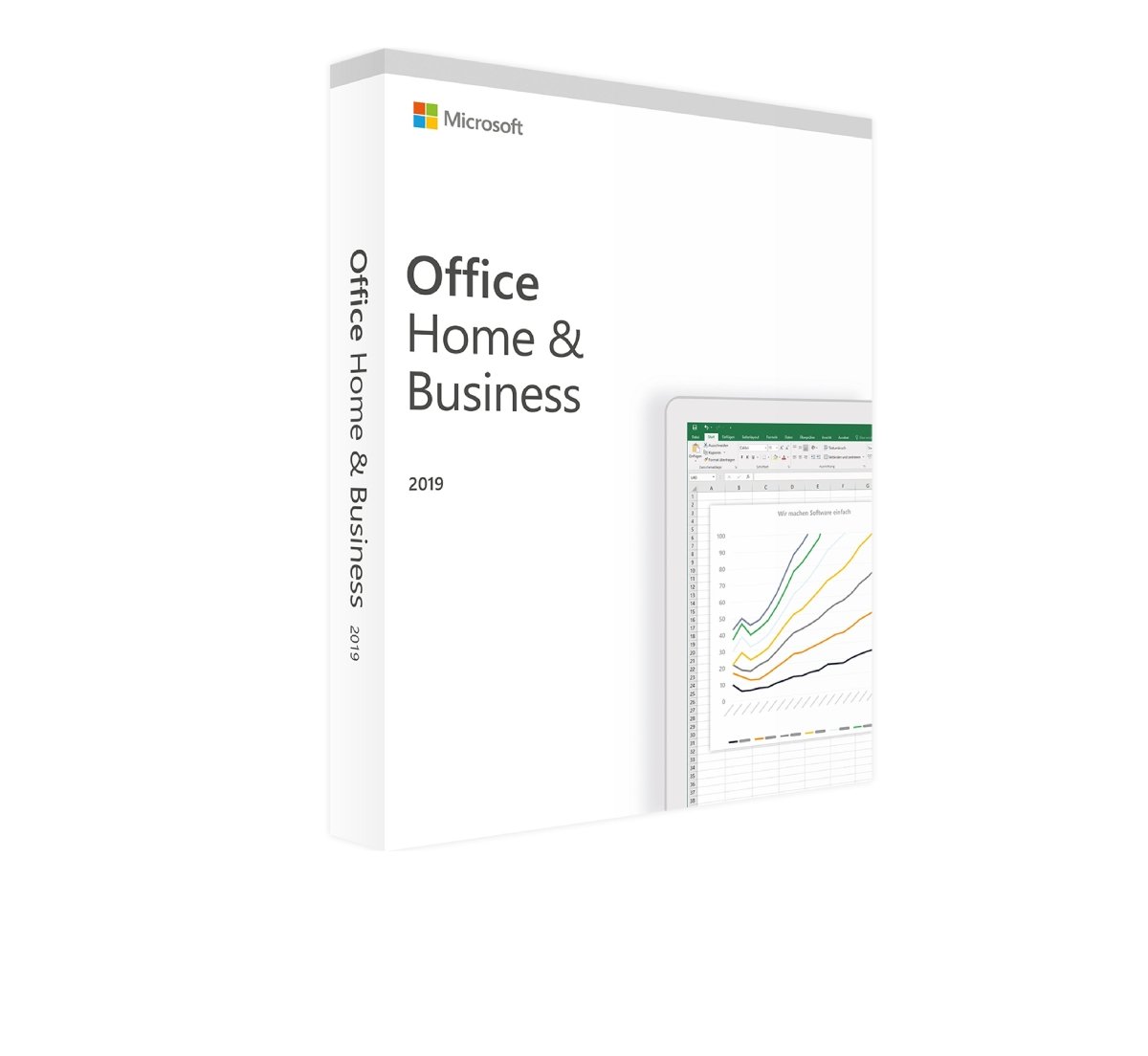 Office 2019 Home and Business software box for Windows with clean design and logo displayed on a white background.