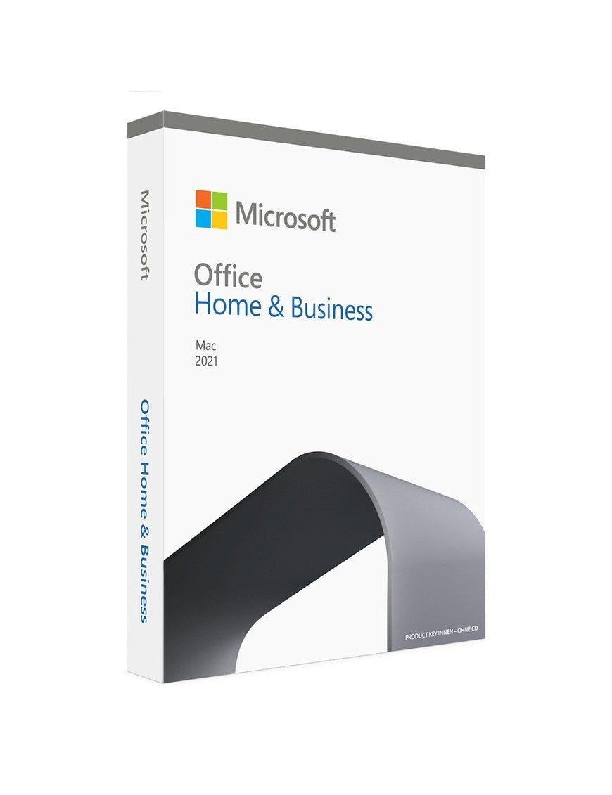 Office 2021 Home and Business software for Mac displayed on a clean desk with a laptop and notepad in the background.